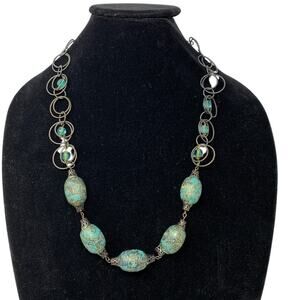 Handmade Artisan Beaded Necklace Silver Tone Metal Turquoise Color Beads